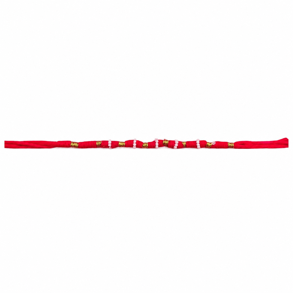 Red Handmade Rakhi With White Beads