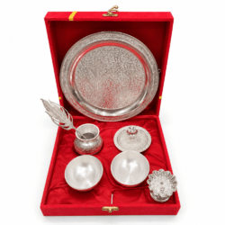 German Silver Pooja Thali Set with Red Gift Box – 7 Pieces