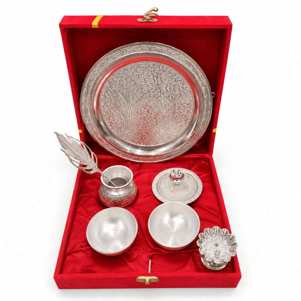 German Silver Pooja Thali Set with Red Gift Box – 7 Pieces