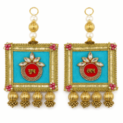 Premium Shubh Labh Turquoise Square Wall Hanging Pair with Kundan & Golden Beads