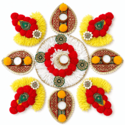 Floral Diya Decorative Rangoli – Red, Yellow & White – Design No. 9