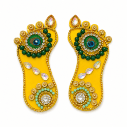 Decorative Yellow Lakshmi Charan Paduka with Peacock Feather – 1 Pair