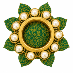 Decorative Pearl Diya Holder – Green & Gold Floral Pooja Decoration