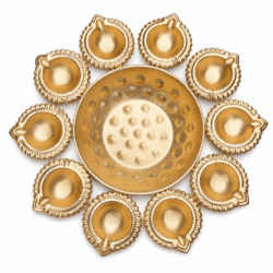 Golden Metal Decorative Urli with 10 Matching Diyas Small