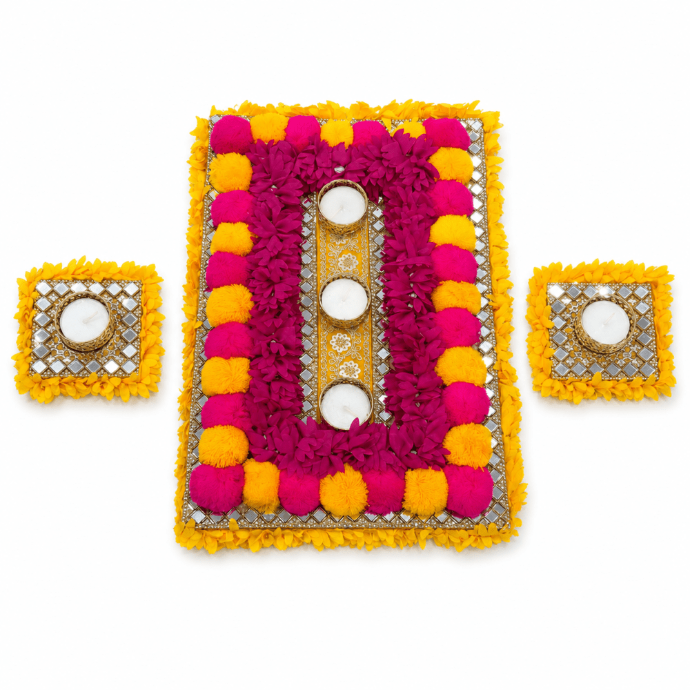 Floral Mirror Work Tealight Rangoli Set – Pink & Yellow Design No. 1