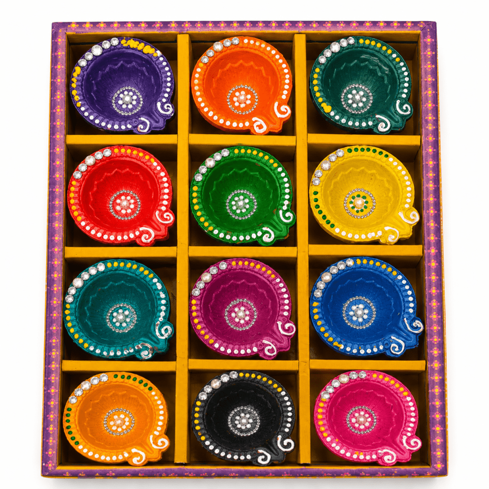 Decorative Clay Diyas – Set of 12 | Assorted Designs & Colours