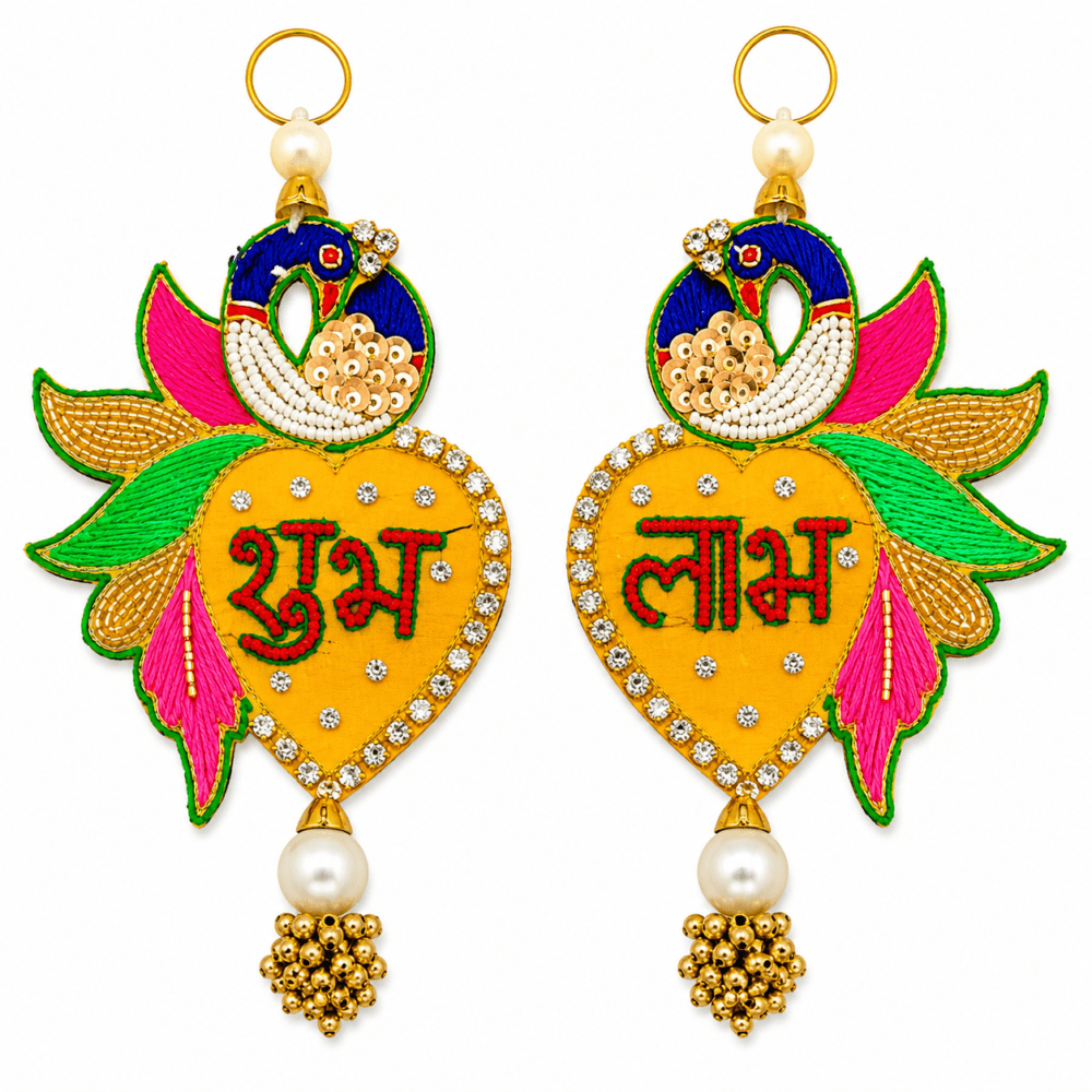 Yellow & Red Peacock Shubh Labh Decoration | Design 6