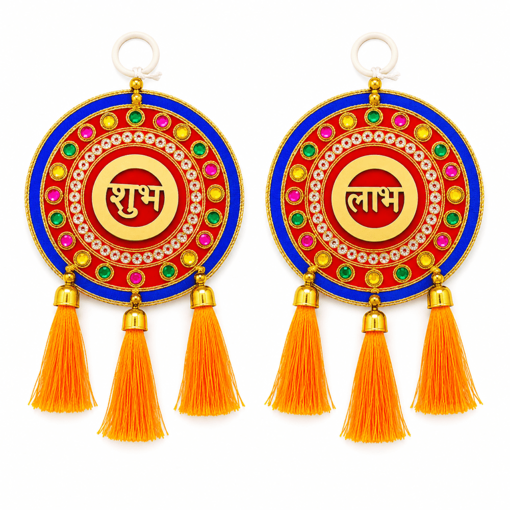 Red Blue Round Shubh Labh with Stones & Tassels | Design 28