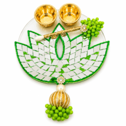 Parrot Green Lotus Tilak Plate with Mirror Work | Pooja Thali Design 12