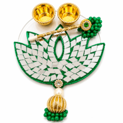 Green Lotus Tilak Plate with Mirror Work Design 13 | Pooja Thali