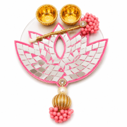 Pink Lotus Tilak Plate with Mirror Work Design 8 | Pooja Thali