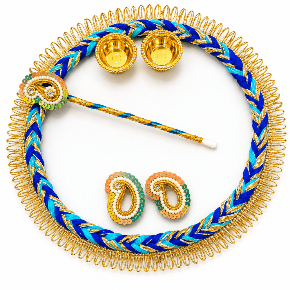Blue & Golden Round Decorative Tilak Plate | Pooja Thali Design 7