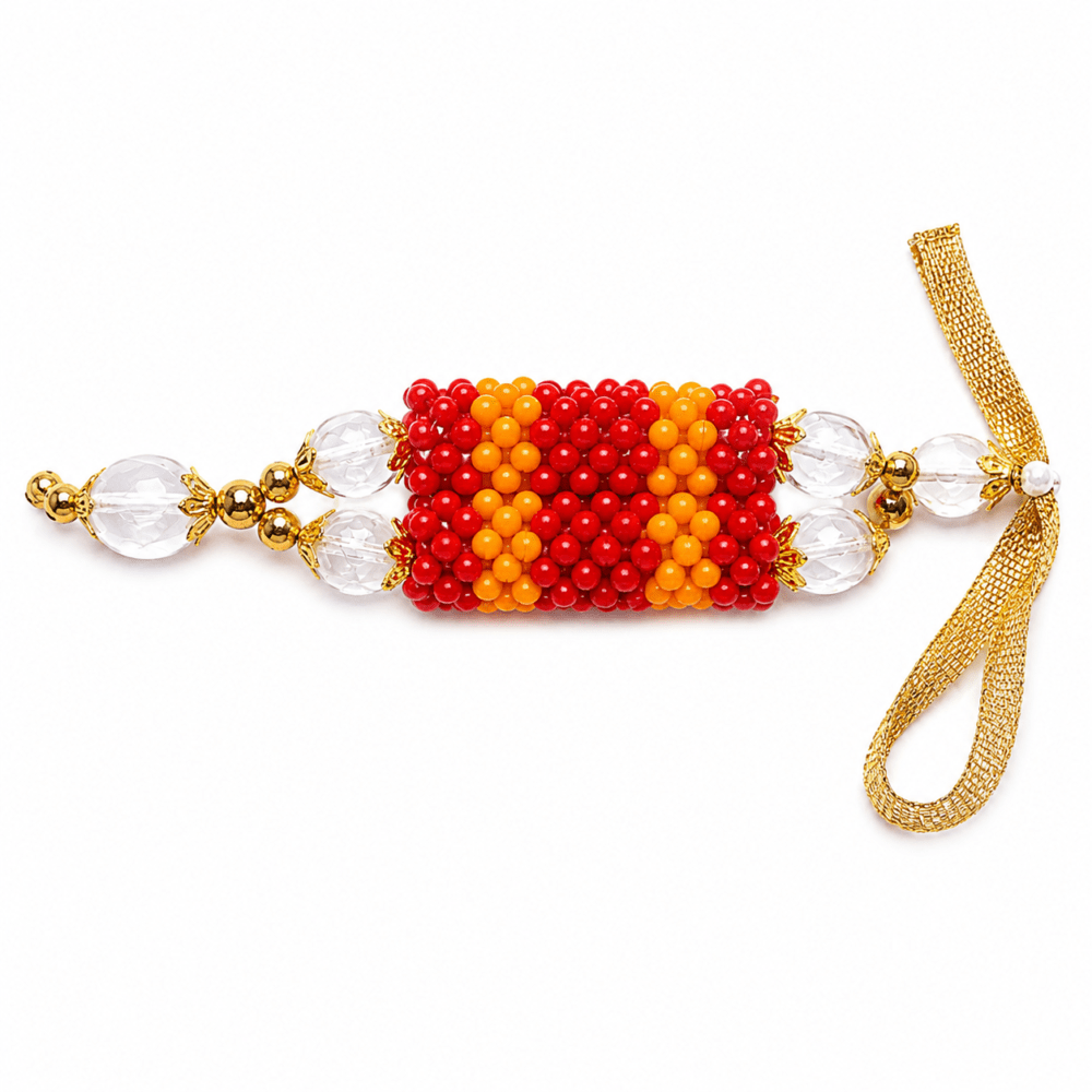 Traditional Red & Yellow Beaded Pooja Mala / Decorative Garland with Crystal Beads