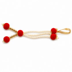 Red Pom Pom Pearl Deity Shringar Mala – Golden Beaded Thakurji Garland