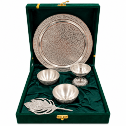 Premium Golden Silver Swastik Pooja Thali Gift Set with Luxury Green Box