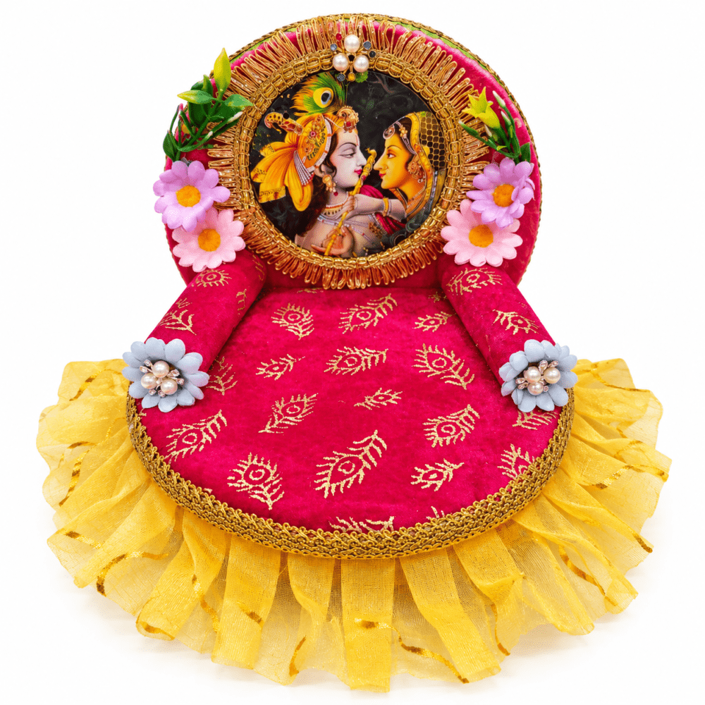 Radha Krishna Decorative Singhasan β Rani Pink & Golden Floral Design πΈπ¦