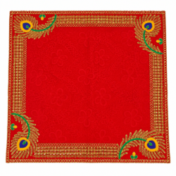 Red Peacock Design Decorative Pooja Asan – Golden Embroidery
