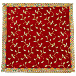 Red Velvet Decorative Pooja Aasan with Golden Leaf Embroidery & Multicolour Border