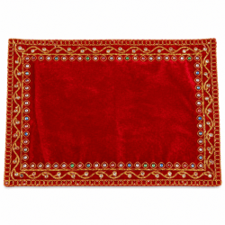 Red Velvet Decorative Pooja Asan with Golden Zari & Mirror Work – Rectangular Puja Mat