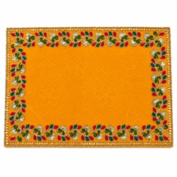 Golden Yellow Decorative Pooja Aasan with Floral Embroidery & Mirror Work
