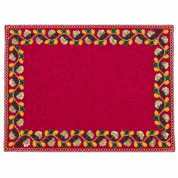 Rani Pink Decorative Pooja Aasan with Floral Embroidery & Golden Border
