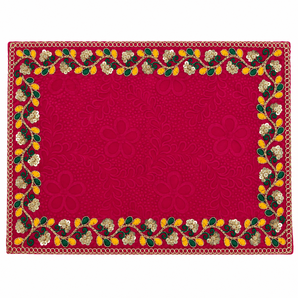 Rani Pink Decorative Pooja Aasan with Floral Embroidery & Golden Border