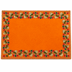 Orange Decorative Pooja Aasan with Floral Embroidery & Golden Border