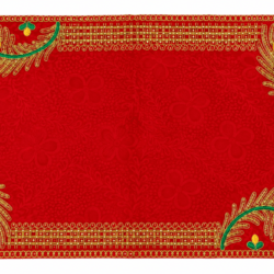 Red Velvet Decorative Pooja Asan with Golden Zari & Peacock Feather Design