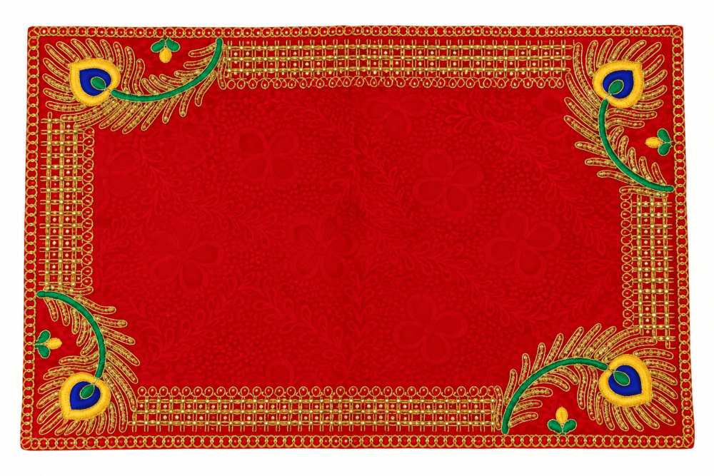 Red Velvet Decorative Pooja Asan with Golden Zari & Peacock Feather Design