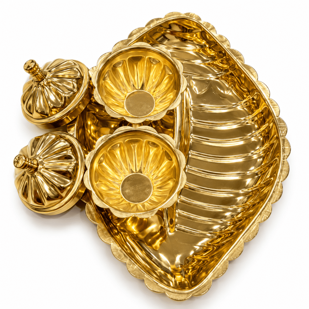 Brass Leaf-Shaped Pooja Thali Set with Floral Bowls & Lidded Kumkum Containers - Image 2