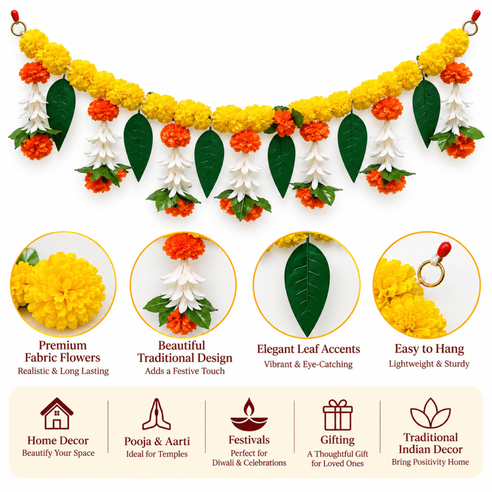 Traditional Marigold & Jasmine Floral Toran with Green Leaves - Image 2