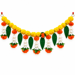 Traditional Marigold & Jasmine Floral Toran with Green Leaves