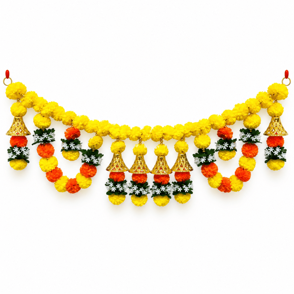 Traditional Marigold Floral Toran with Golden Bells