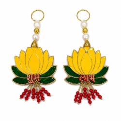 Decorative Shubh Labh Yellow Lotus Door Hanging Pair with Pearls & Red Beads
