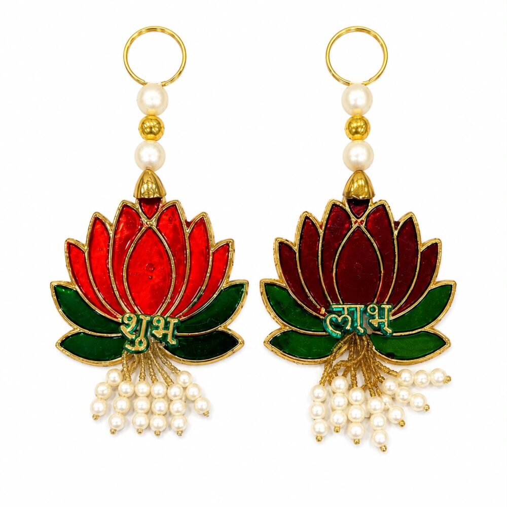 Red Lotus Shubh Labh Hanging Pair with Pearl Tassels